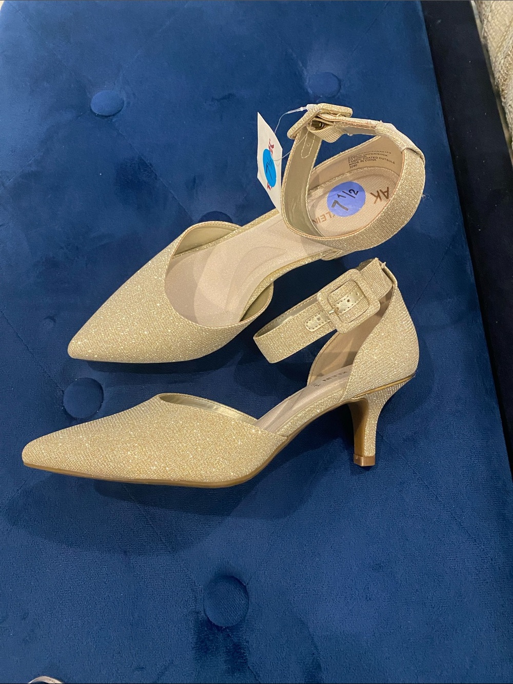 Anne Klein Gold Glitter Pointed Toe Ankle Strap Heels